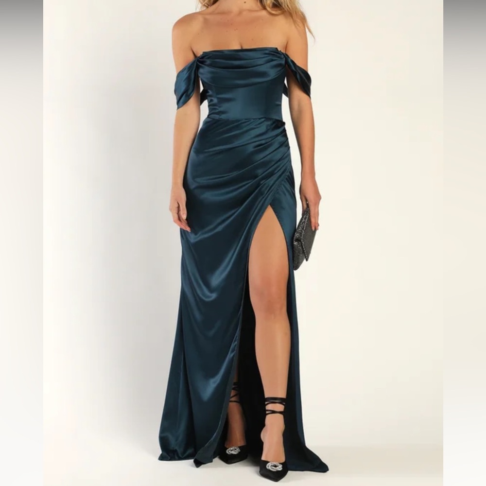 Lulus Stunning Arrival Dark Teal Satin Off-The-Shoulder Maxi Dress- New With Tag